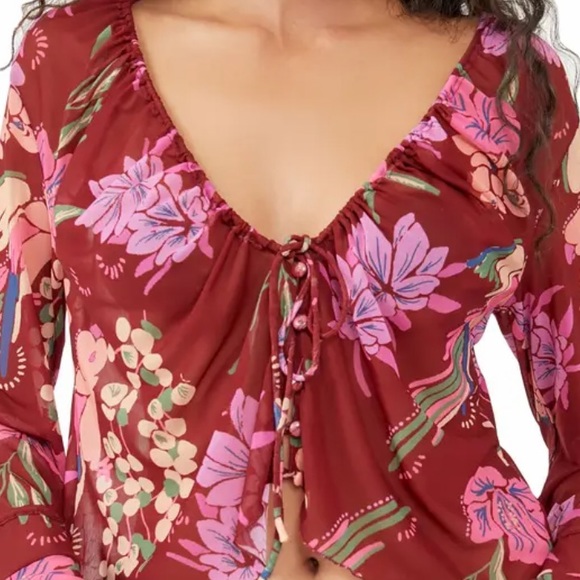 FREE PEOPLE OF PARADISE FLORAL RED PINK CROP TOP SMALL - Picture 2 of 12